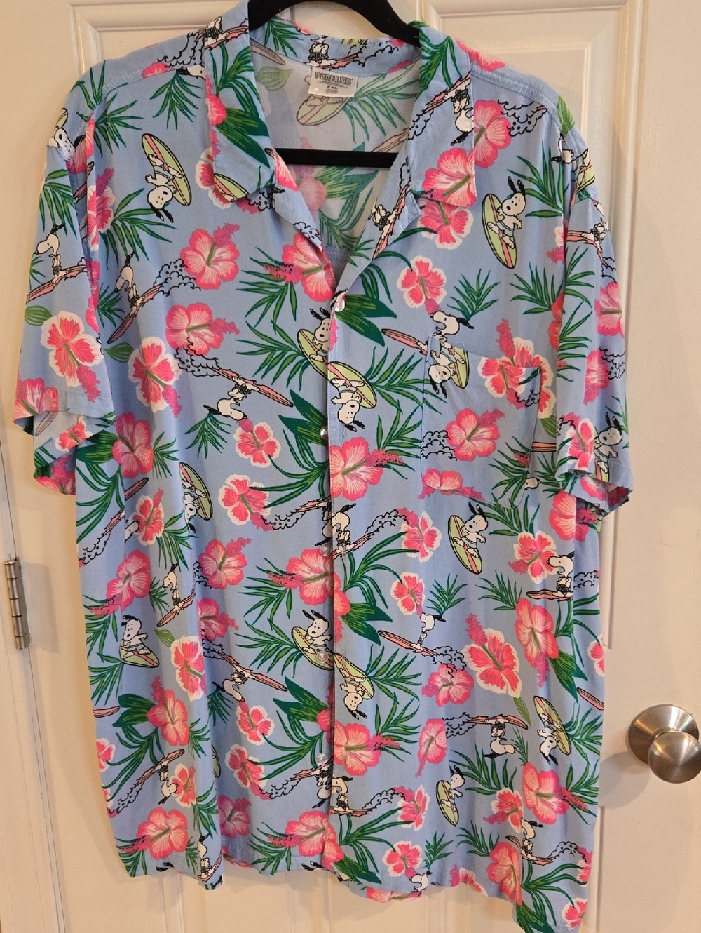 Peanuts Light Blue Camp Shirt with Pink Hibiscus